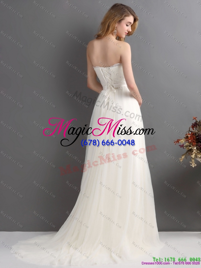 wholesale 2015 white strapless wedding dresses with brush train and sash