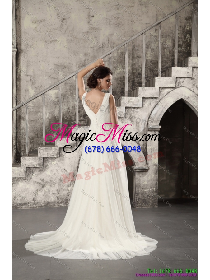 wholesale 2015 ruching and beading white wedding dresses with brush train