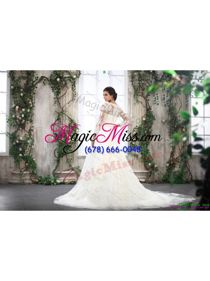 wholesale 2015 white v neck lace wedding dresses with brush train and beading