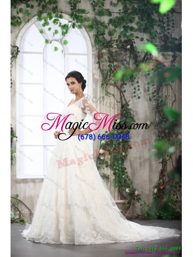 wholesale 2015 white v neck lace wedding dresses with brush train and beading