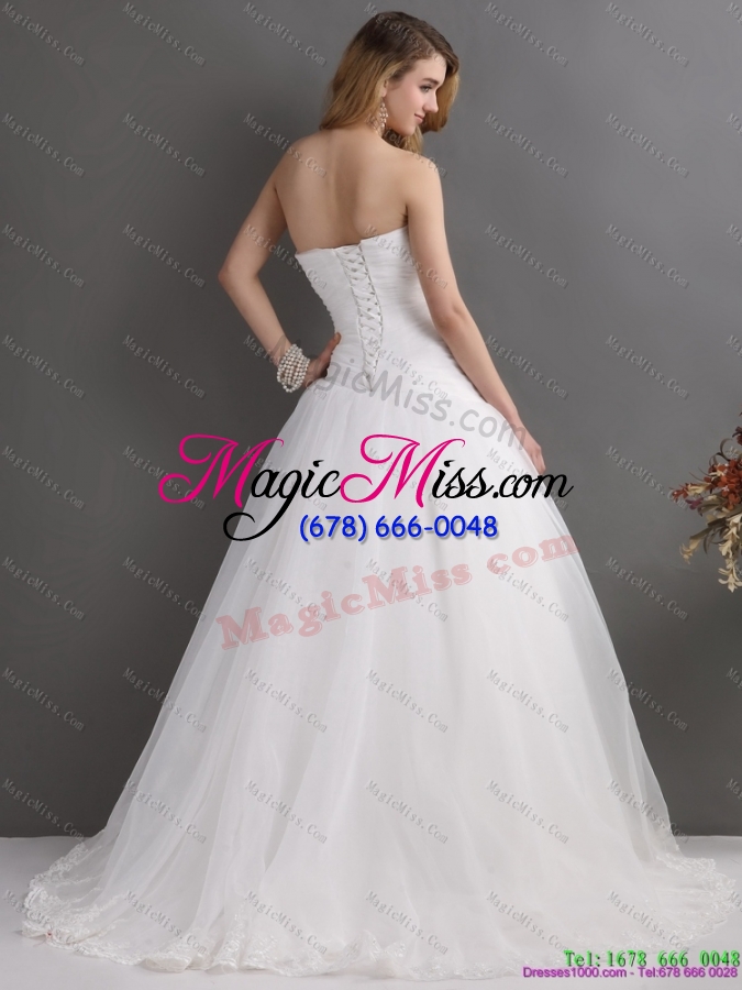 wholesale 2015 white sweetheart lace and ruching bridal gowns with brush train