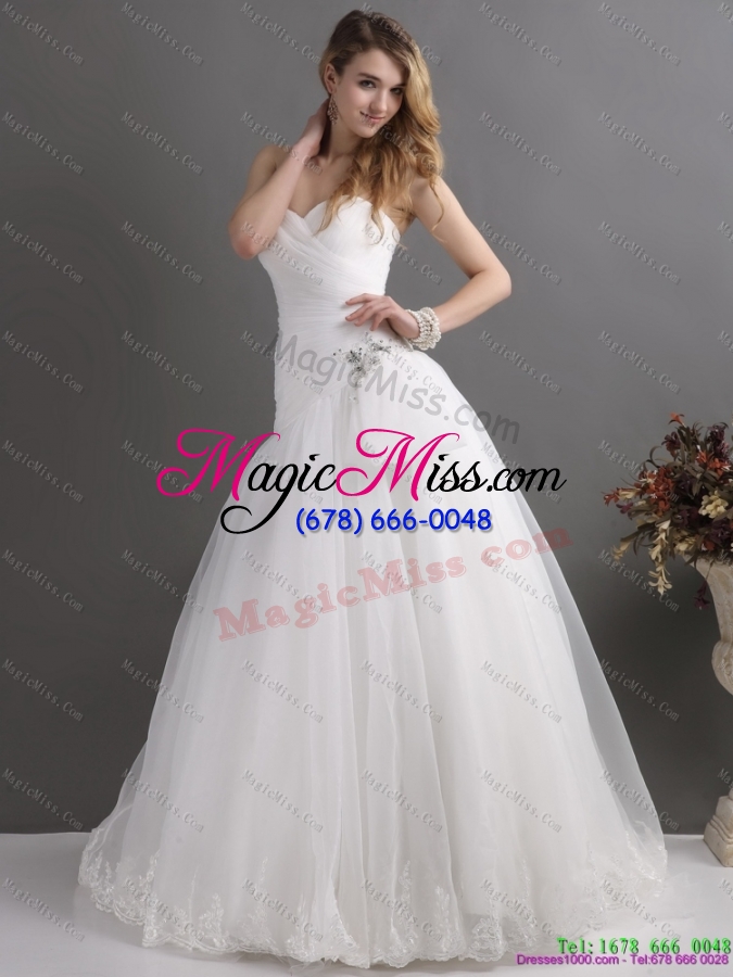 wholesale 2015 white sweetheart lace and ruching bridal gowns with brush train