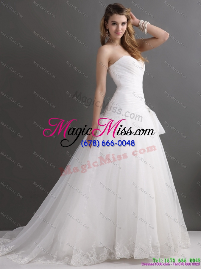 wholesale 2015 white sweetheart lace and ruching bridal gowns with brush train