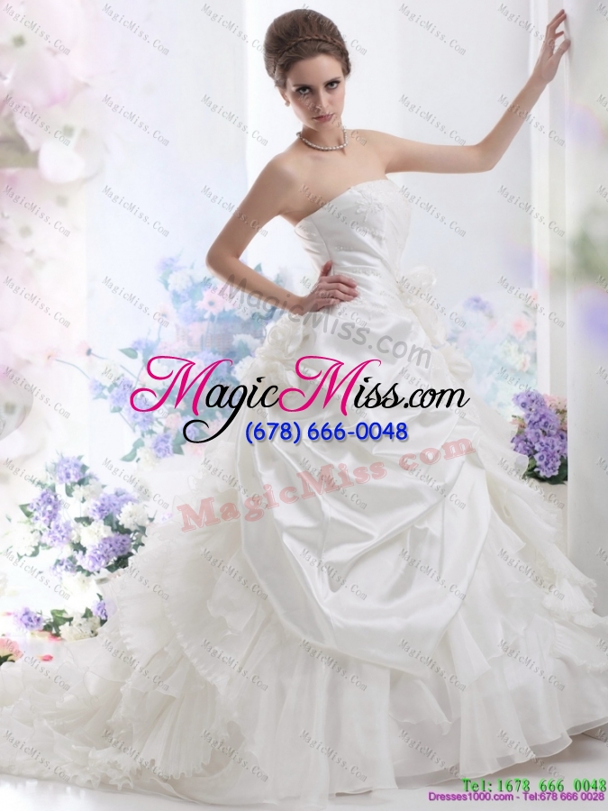 wholesale 2015 white strapless ruffles wedding dress with chapel train and hand made flower