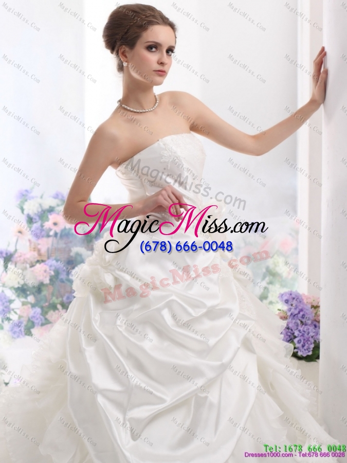 wholesale 2015 white strapless ruffles wedding dress with chapel train and hand made flower