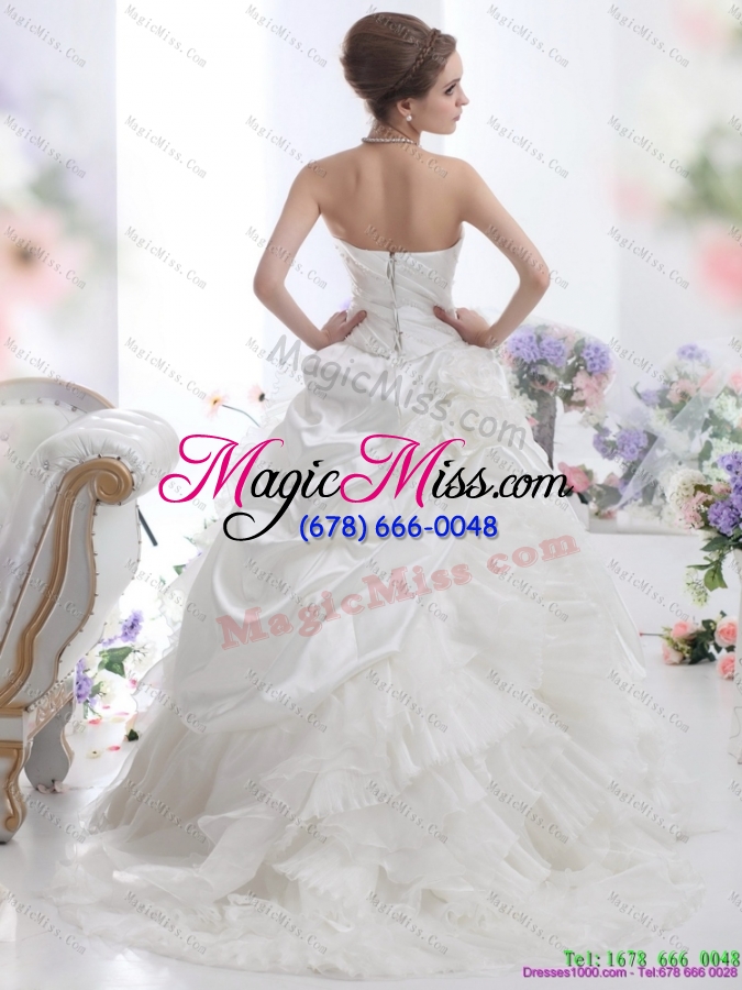 wholesale 2015 white strapless ruffles wedding dress with chapel train and hand made flower