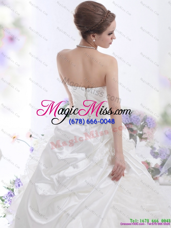 wholesale 2015 white strapless ruffles wedding dress with chapel train and hand made flower