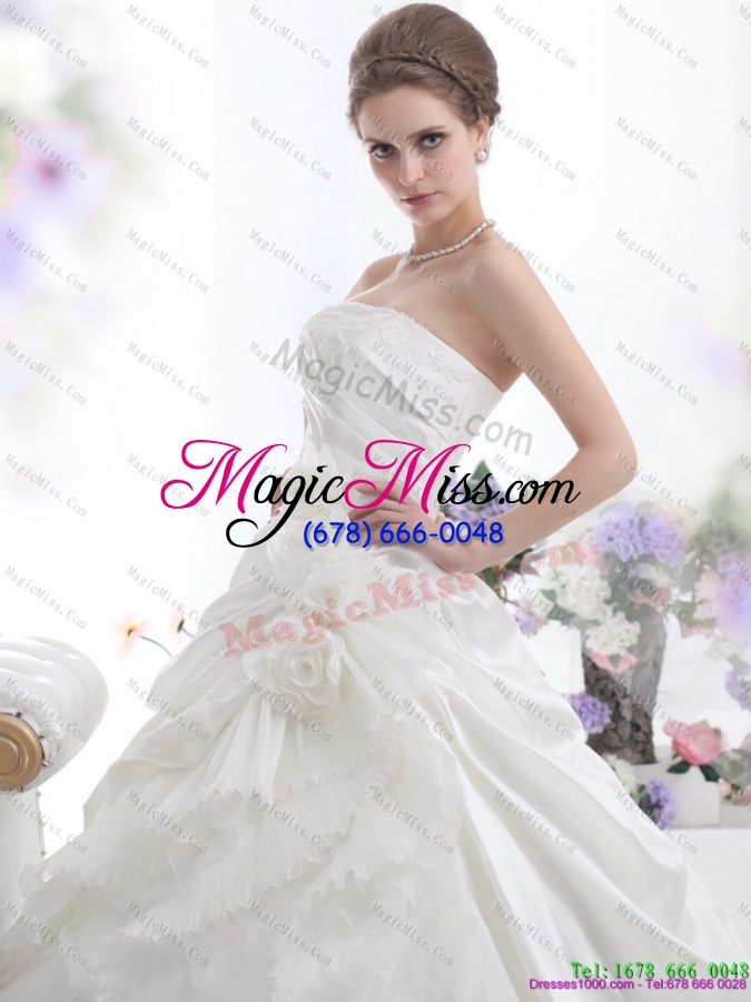 wholesale 2015 white strapless ruffles wedding dress with chapel train and hand made flower