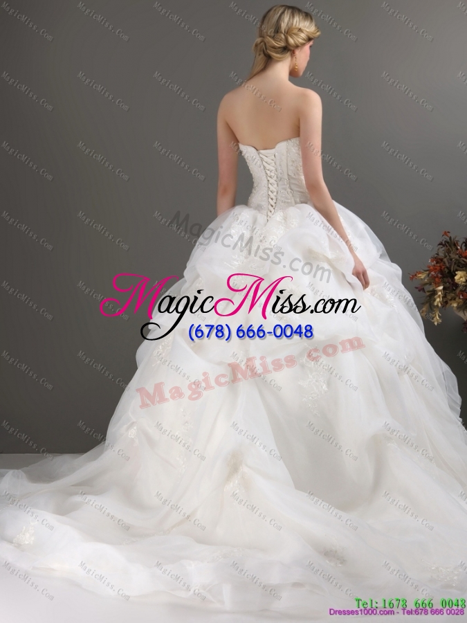 wholesale 2015 popular strapless lace wedding dress with brush train