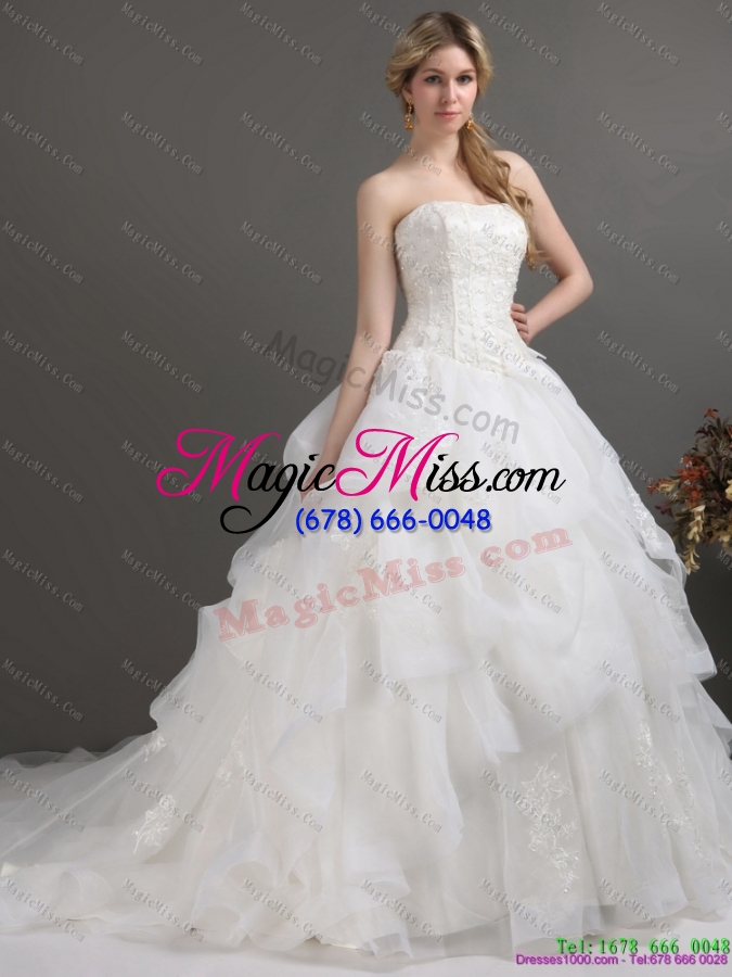 wholesale 2015 popular strapless lace wedding dress with brush train