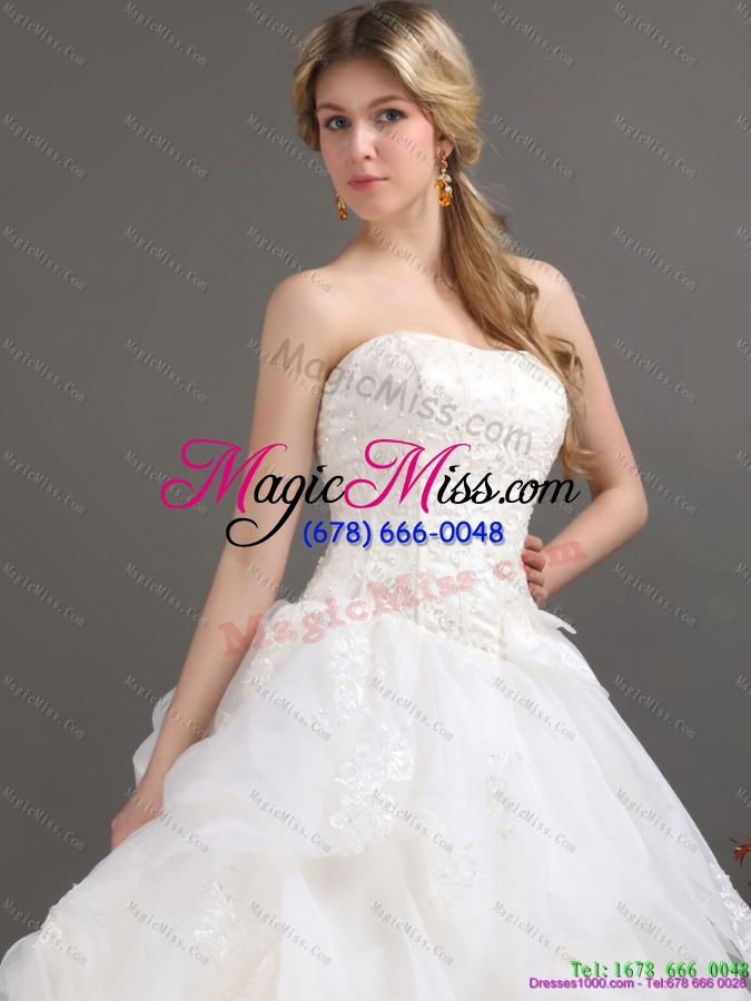 wholesale 2015 popular strapless lace wedding dress with brush train