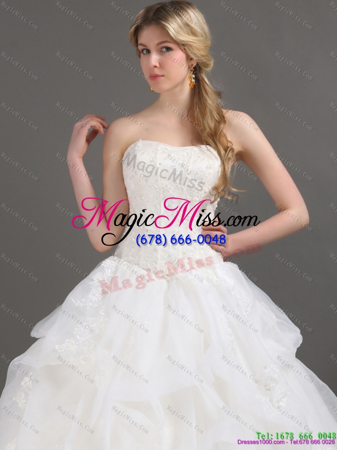 wholesale 2015 popular strapless lace wedding dress with brush train