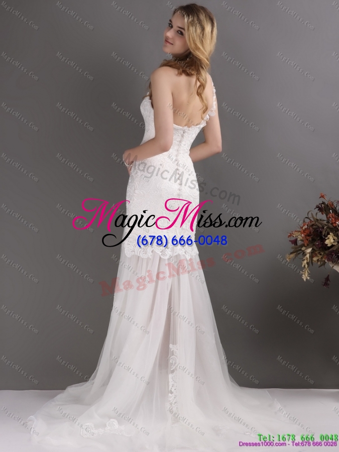 wholesale laced white one shoulder wedding gowns with chapel train