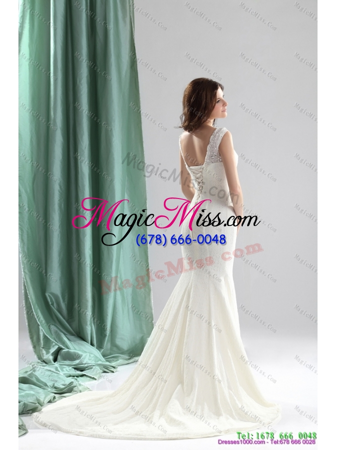 wholesale 2015 unique white wedding dresses with lace and brush train