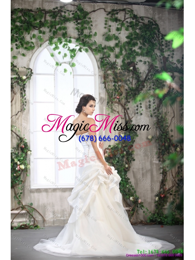 wholesale white strapless ruffled wedding dresses with brush train