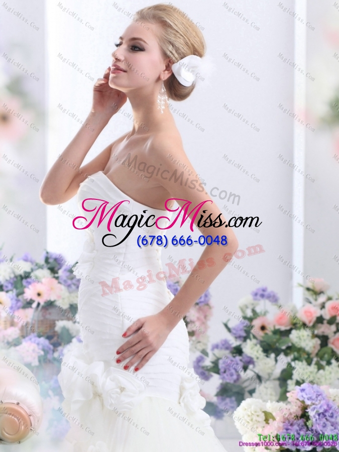 wholesale white brushtrain strapless bridal gowns with ruching and hand made flowers