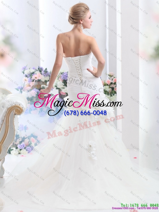 wholesale white brushtrain strapless bridal gowns with ruching and hand made flowers