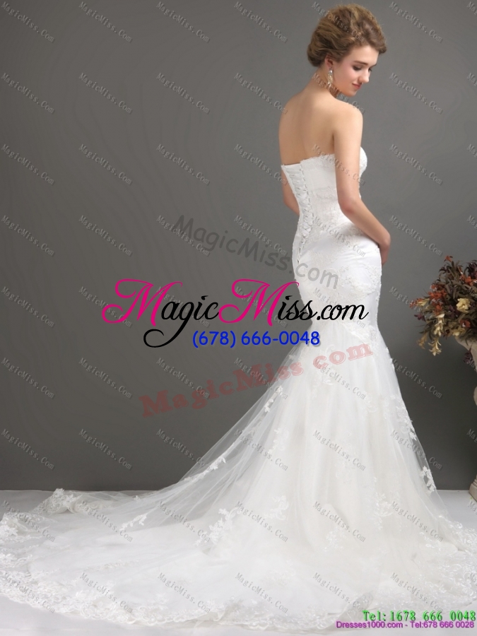 wholesale white strapless lace wedding dresses with beading and brush train