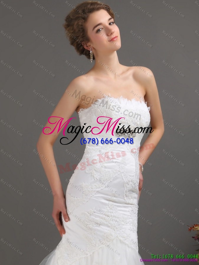 wholesale white strapless lace wedding dresses with beading and brush train