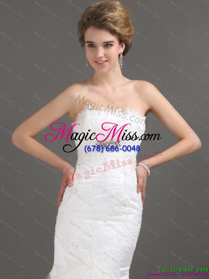 wholesale white strapless lace wedding dresses with beading and brush train