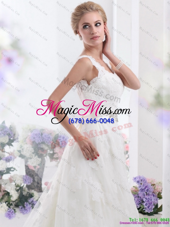 wholesale unique brush train white wedding dresses with lace and beading