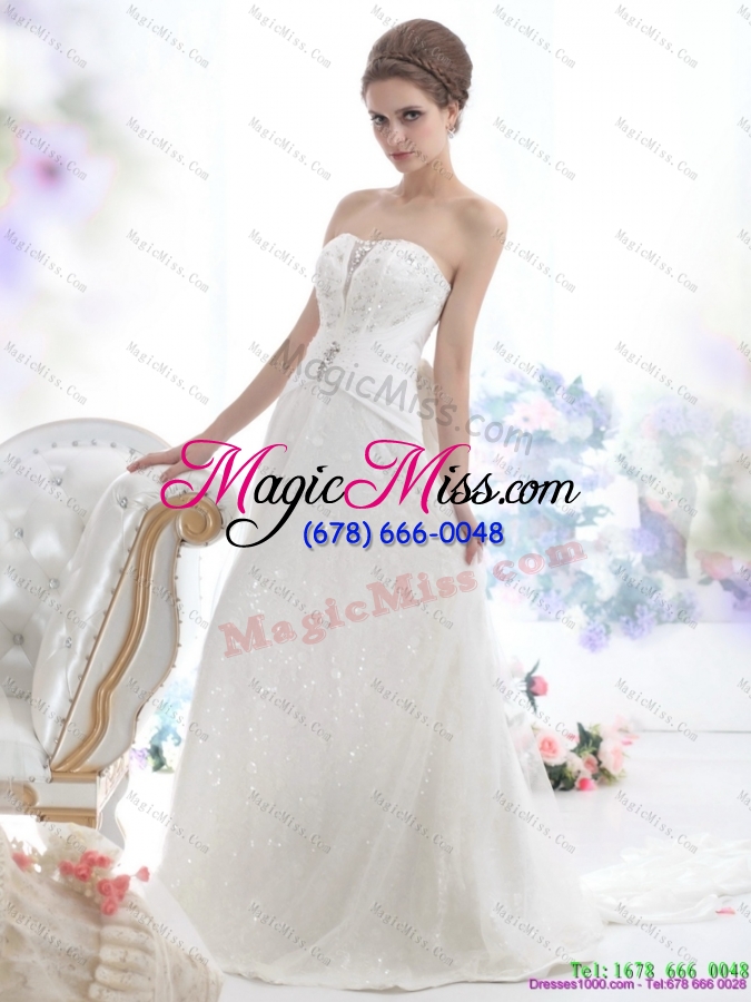 wholesale 2015 unique sequines white wedding dresses with chapel train