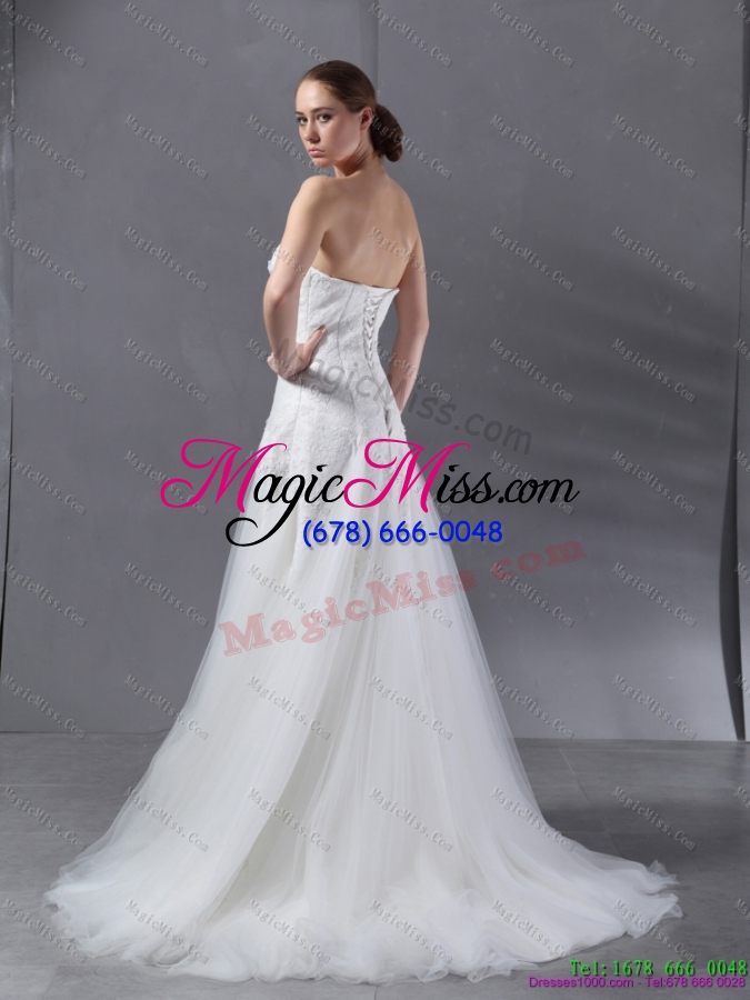 wholesale 2015 white strapless wedding dresses with brush train and appliques