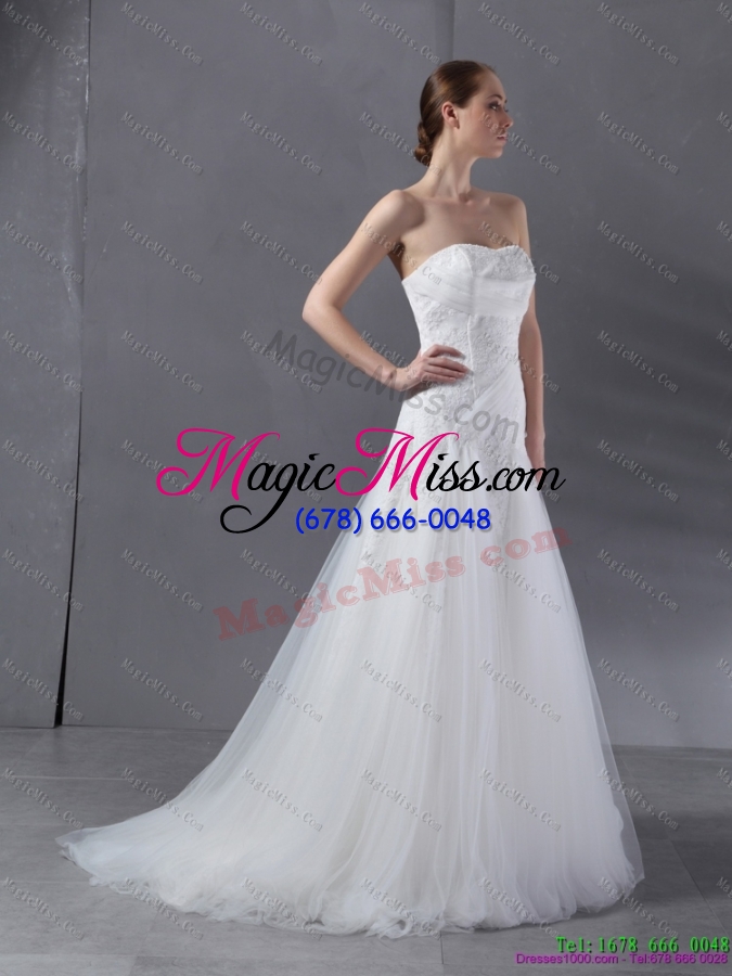 wholesale 2015 white strapless wedding dresses with brush train and appliques