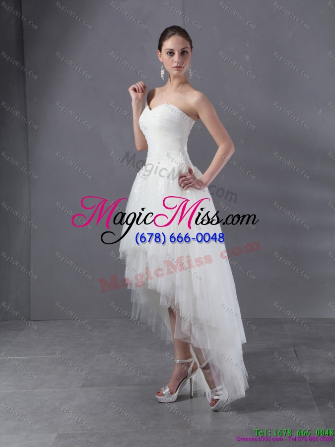 wholesale high low white sweetheart wedding dresses with ruching and appliques