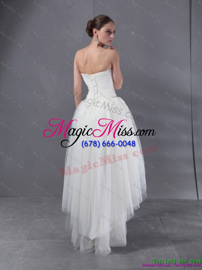 wholesale high low white sweetheart wedding dresses with ruching and appliques