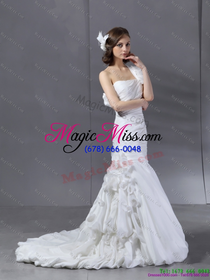 wholesale ruching one shoulder white  bridal gowns with hand made flower