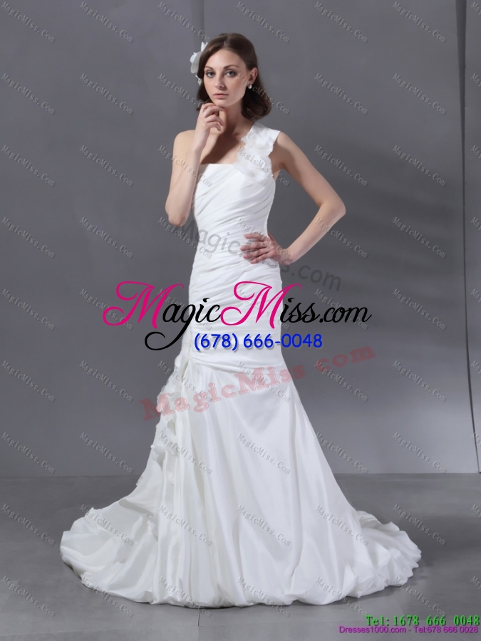 wholesale ruching one shoulder white  bridal gowns with hand made flower