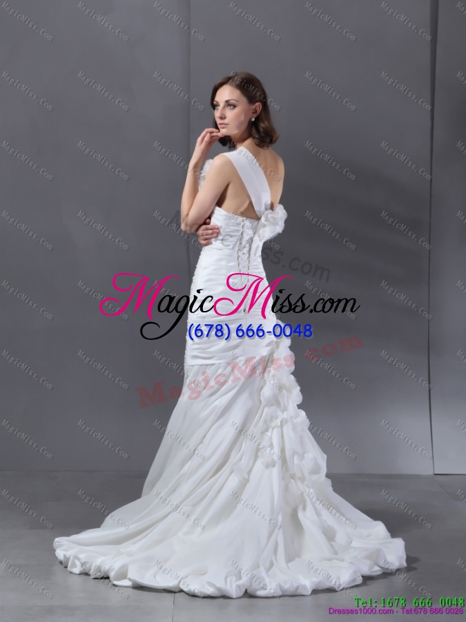 wholesale ruching one shoulder white  bridal gowns with hand made flower