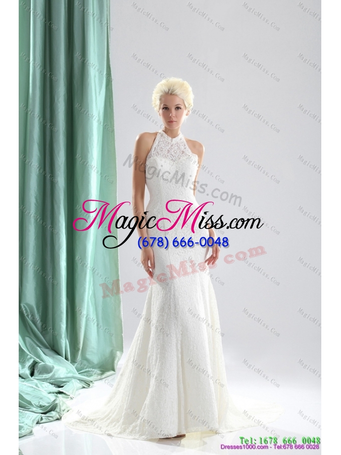 wholesale unique white high neck lace bridal dresses with  brush train