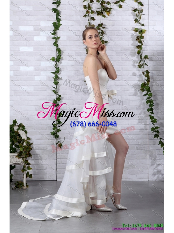 wholesale detachable white strapless wedding dresses with brush train and bownot