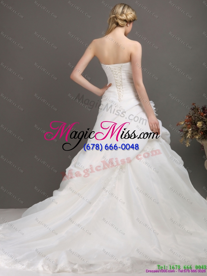 wholesale white sweetheart ruching bridal gowns with chapel train and hand made flower