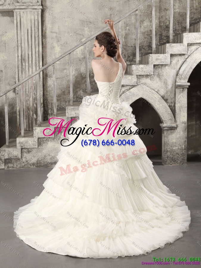 wholesale white one shoulder chapel train wedding dresses with ruffled layers