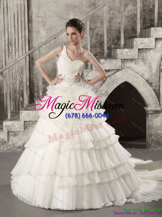 wholesale white one shoulder chapel train wedding dresses with ruffled layers