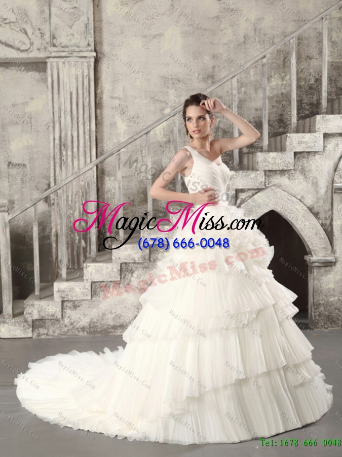 wholesale white one shoulder chapel train wedding dresses with ruffled layers