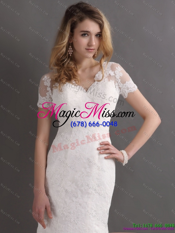 wholesale classical v neck lace wedding dress with short sleeves