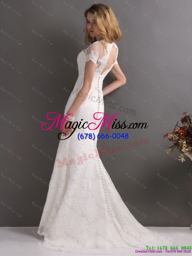 wholesale classical v neck lace wedding dress with short sleeves