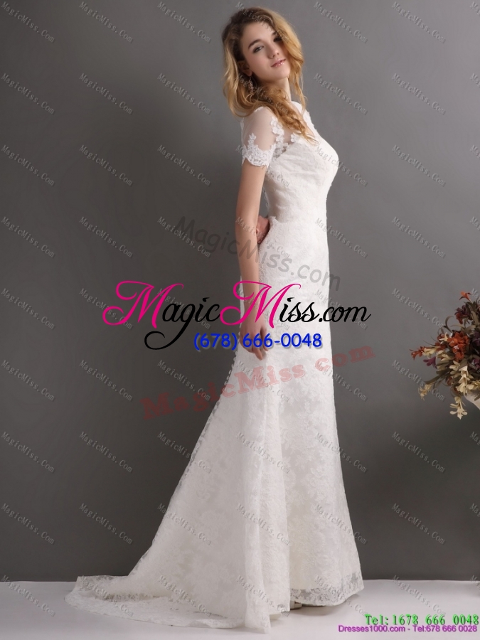 wholesale classical v neck lace wedding dress with short sleeves