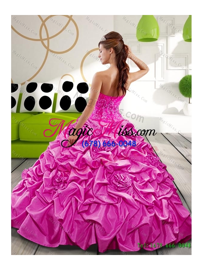 wholesale new style sweetheart 2015 hot pink quinceanera gown with appliques and pick ups