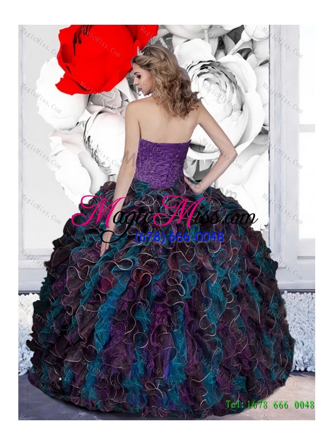 wholesale 2015 dynamic beading and ruffles sweetheart multi color quinceanera dresses
