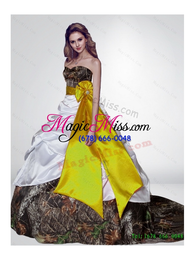 wholesale new style puffy camo wedding dresses with bowknot and court train