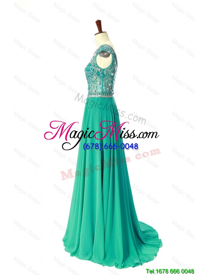 wholesale new style bateau beading brush train prom dress in turquoise