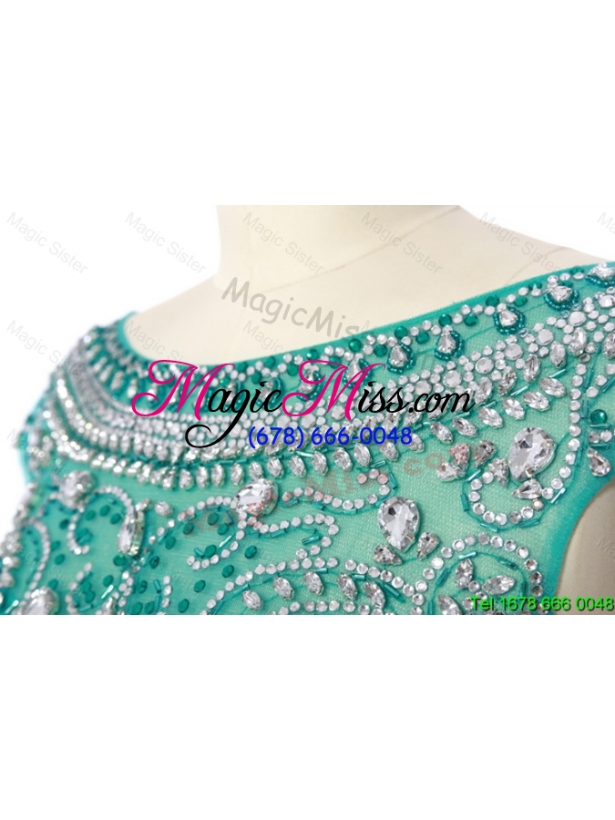 wholesale new style bateau beading brush train prom dress in turquoise