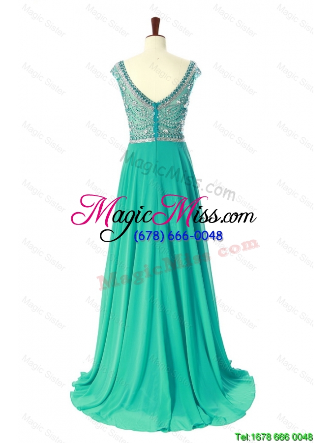 wholesale new style bateau beading brush train prom dress in turquoise