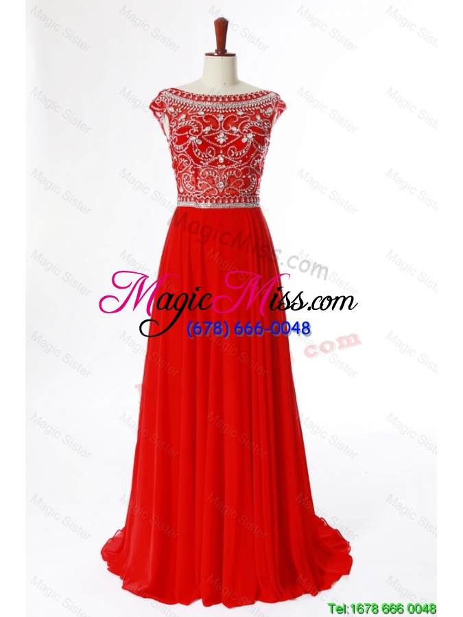 wholesale new style bateau beading brush train prom dress in turquoise