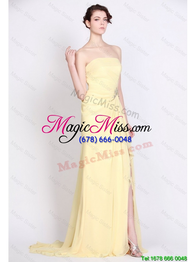 wholesale beautiful strapless beaded and high slit prom dresses in yellow